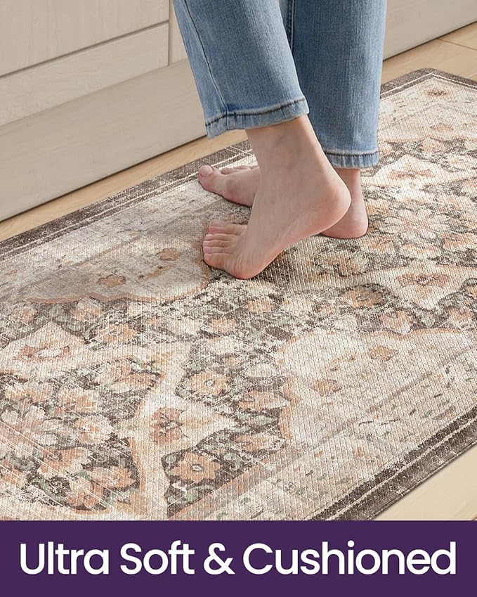 DEXI Kitchen Floor Mats Anti Fatigue, 17x29+17x59 Large Cushioned Runner Rug Waterproof, Standing Comfort Memory Foam Padded for Front Sink Laundry Office Set of 2, Beige and Brown