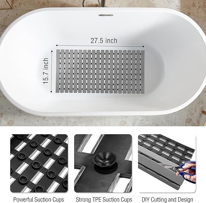 MBOSS Bathtub Mat Non Slip, Shower Mat for Inside Shower, Suction Cups Design and Drain Holes, 27.5 X 15.7 Inch, Bathroom Essentials Safe, Easy to DIY Cut, Soft and Eco-Friendly Materials