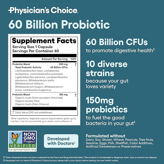 Physician's CHOICE Probiotics 60 Billion CFU - 10 Strains + Organic Prebiotics - Immune, Digestive & Gut Health - Supports Occasional Constipation, Diarrhea, Gas & Bloating - for Women & Men - 60ct
