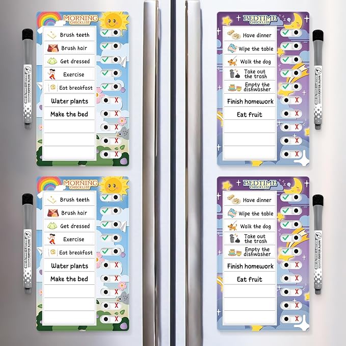 Chore Chart for Kids: Dry Erase to Do List, Morning/Bedtime Routine Chart, Magnetic Checklist, Toddler Visual Schedule, Daily Behavior Chart for Fridge (4 Pack)