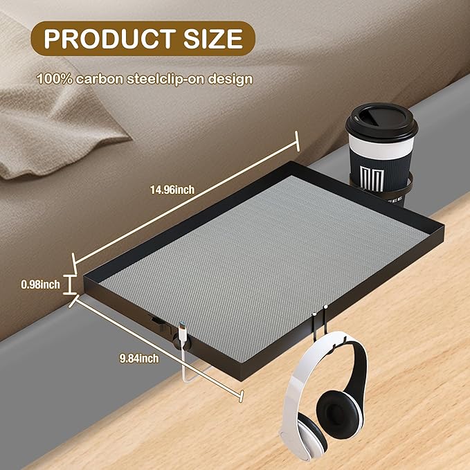 Metal Bedside Shelf for Bunk Bed & Top Bunk, Clip On Bed Side Table Tray Organizer for College Dorm Room,Loft Nightstand, Organizer Tray with Hook, Cord Clip and Cup Holder (Black)
