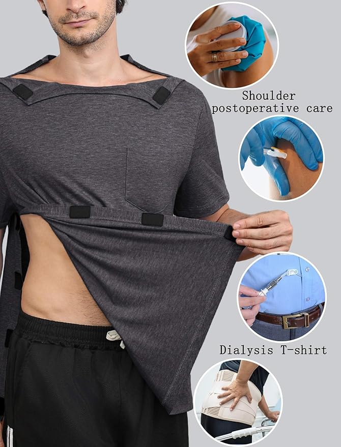 Deyeek Shoulder Post Surgery Recovery Shirts for Men Full Tear Away Short Sleeve T Shirt Adaptive Chemo Clothing