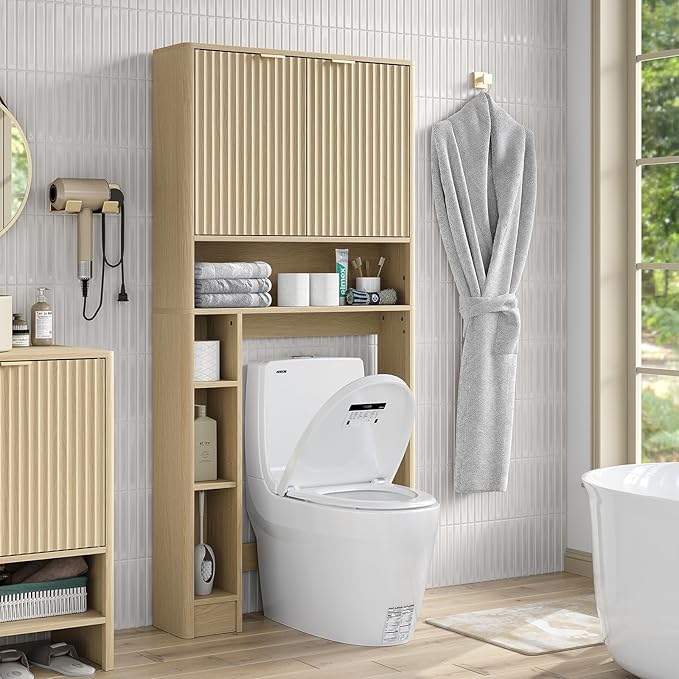 Furnideco 31''W Over Toilet Storage Cabinet Modern Above Toilet Shelf Cabinet with Fluted Doors & Toilet Paper Storage Holder for Bathroom, Natural Oak
