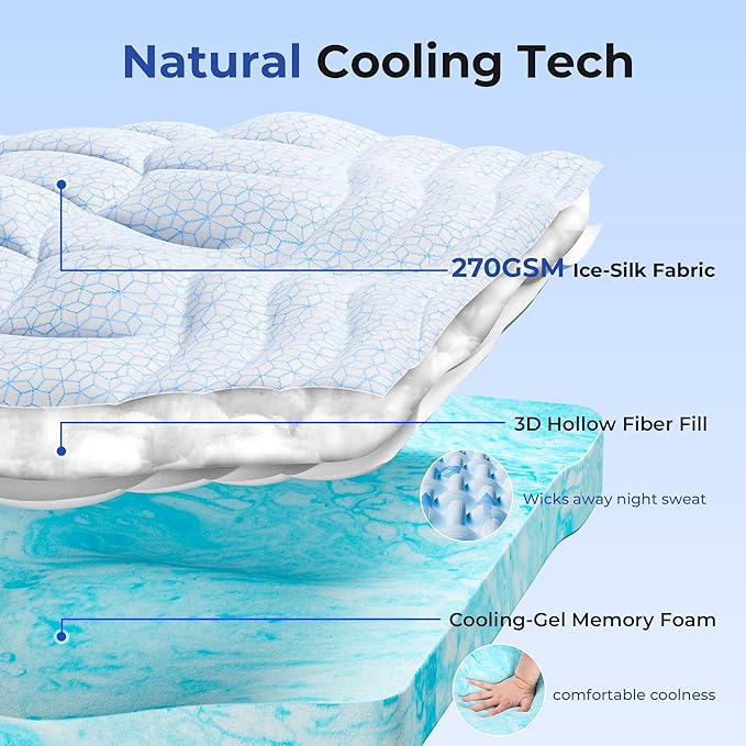 Dual Layer 4 Inch Cooling Memory Foam Mattress Topper Full Size, 2 Inch Thick Soft Quilted Ice Silk Pillow Top Cover Plus 2 Inch Gel Memory Foam Mattress Pad for Back Pain Relief