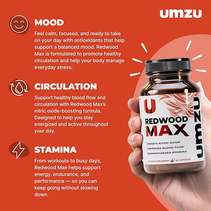 UMZU Redwood Max Nitric Oxide Booster, 1-Month Supply – Advanced Nitric Oxide Supplement with Fitnox Blend, Pine Bark, Resveratrol & Tart Cherry – Promotes Healthy Circulation, Energy and Recovery