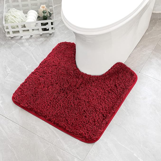 MIULEE Christmas Red Microfiber Toilet Bath Mat U-Shaped Contour Shaggy Bathroom Rugs Non Slip Extra Thick Soft Bath Rug Absorbent Water for Bathroom Commode Machine Washable(20x20 Inch)