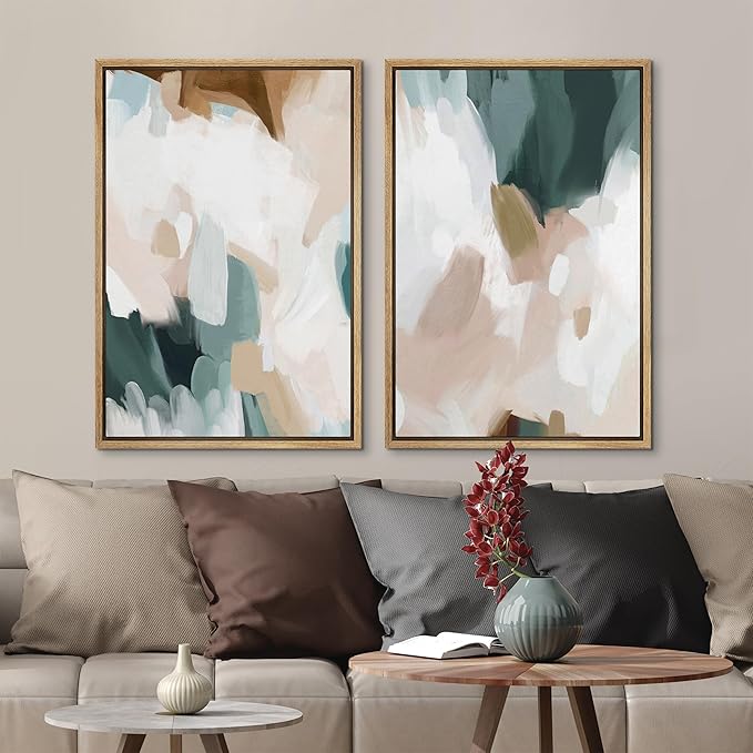 MUDECOR Framed Canvas Print Wall Art Watercolor Pastel White Blue Pattern Abstract Illustrations Modern Art Decorative Bohemian Colorful Chic for Living Room, Bedroom, Office - 16"x24"x2 Natural
