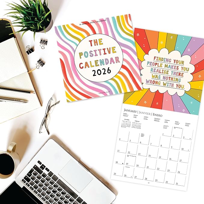 Graphique 2026 The Positive Calendar Wall Calendar | 12” x 12” | Thick Paper | Home & Office Organizer | Large Monthly Grid | 3 Languages & Marked Holidays | 4 Month Preview Page for 2027