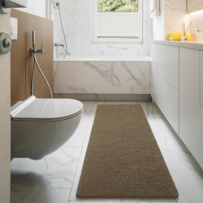 LOCHAS Luxury Bathroom Rug Shaggy Bath Mat 24 x 60 Inch, Washable Non Slip Bath Rugs for Bathroom Shower, Soft Plush Chenille Absorbent Carpets Mats, Tan