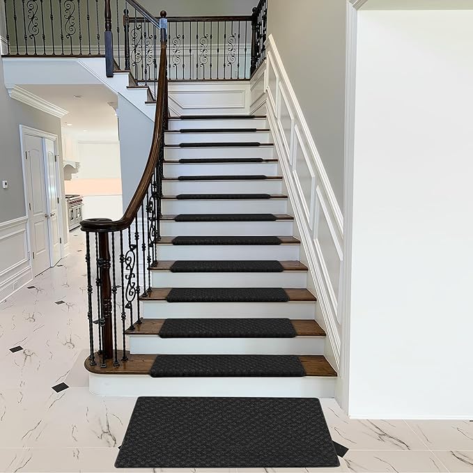 PURE ERA Bullnose Carpet Stair Treads Tape Free Non-Slip Indoor Stair Protectors Pet Friendly Stair Treads for Wooden Steps 9.5" x 30"(14 Pieces,Black Mini-Diamond Trellis)