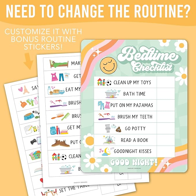 Magnetic Morning & Bedtime Routine Chart for Kids - Customizable Toddler Daily Schedule Board with Dry Erase Surface, Stickers & Marker, Build Habits with Visual Checklists, Retro Theme