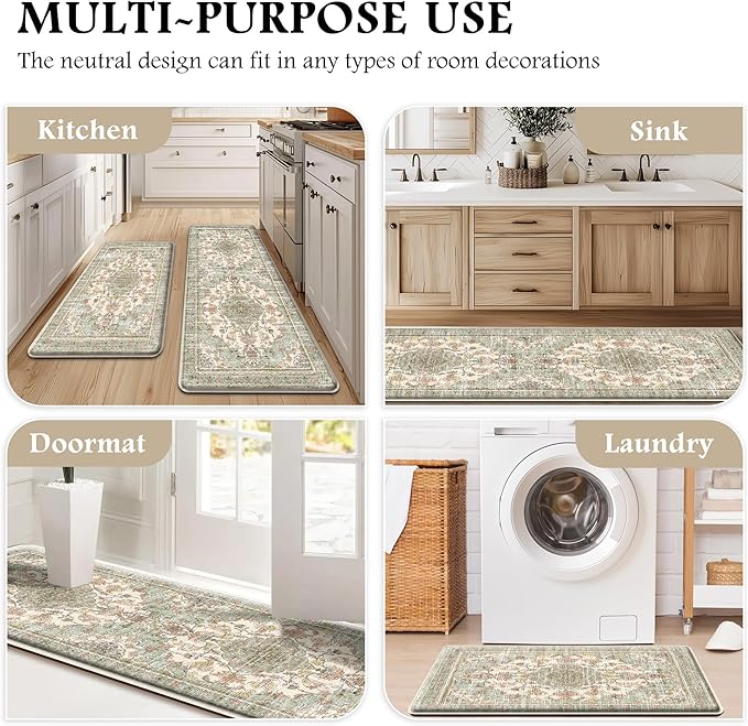 Boho Kitchen Mats for Floor 2 Piece Set Anti Fatigue Cushioned PVC Kitchen Rugs Non Slip Waterproof Farmhouse Mats 2/5 Inch Comfort Standing Mat for Sink, Laundry, 17.3"x59"+17.3"x28", Green Beige