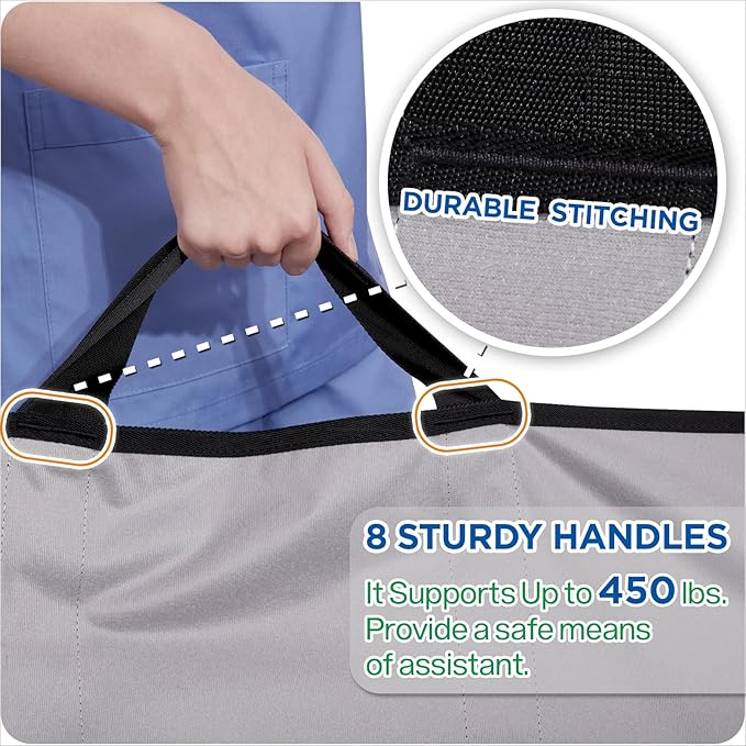 NIHAO Bed Positioning Pad 43" x 36" with 8 Reinforced Handles & Pockets, Comfortable Flannel Transfer Sheet for Turning, Lifting & Repositioning Multipurpose repositioning pad, Navy Blue