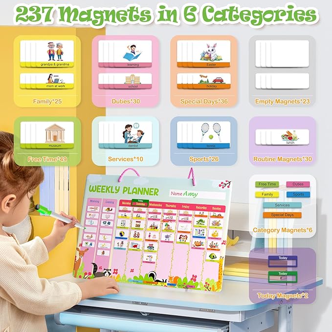 Euclidean Cube Weekly Planner for Kids - Magnetic Behavior Board Calendar with 237 Magnets, Storage Box, Easels, Hooks, Cord & Pen - Daily Routine and Chore Chart - Visual Schedule for Kids 3+ (Animal Theme)