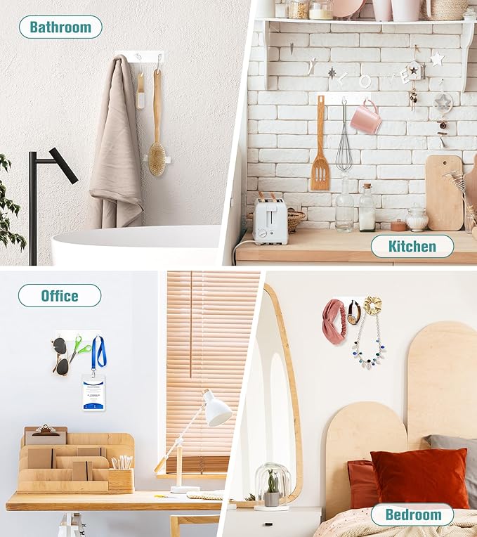 RELBRO Key Holder Wall Mount, Small Metal Self Adhesive Key Rack with 3 Hooks, 2 Installation Options, White