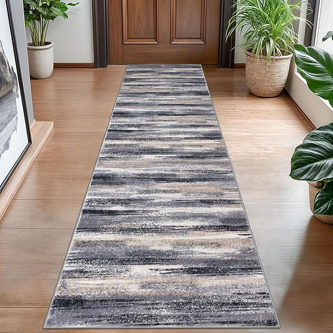 Modern Abstract Hallway Runner Rug, Grey Black Multi Washable Kitchen Runner Non-Slip Soft 2x8 Runner Rug Thin Print Faux Wool Carpet for Entryway Bedroom Laundry Room Indoor Home Decor
