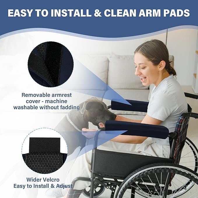 SPRING SEAON Wheelchair Armrest Covers (Pair) - Suede Velvet Memory Foam Accessories Pads for Wheelchair Arm Rest, Office Transport Chairs, Soft Support Cushion for Mobility Aids(Navy Blue)