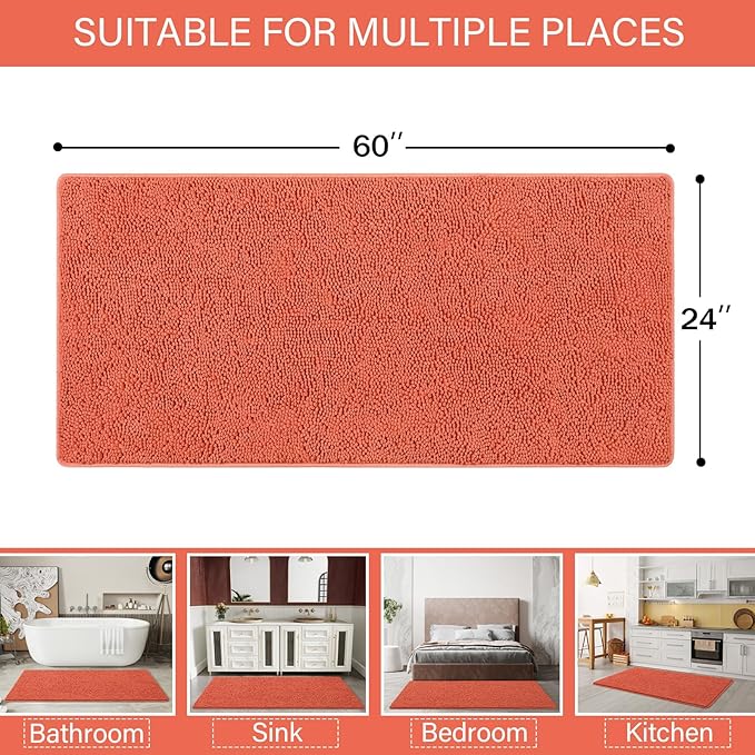 LOCHAS Luxury Bathroom Rug Shaggy Bath Mat 24 x 60 Inch, Washable Non Slip Bath Rugs for Bathroom Shower, Soft Plush Chenille Absorbent Carpets Mats, Peach