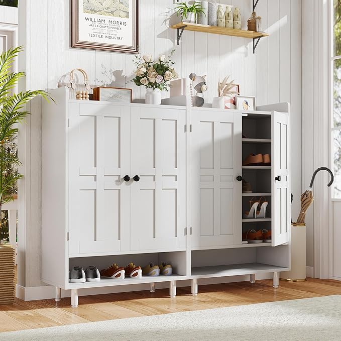 Entryway Shoe Cabinet with Doors, 6-Tier Farmhouse Shoe Storage Organizer with Adjustable Shelves Holds 18-26 Pairs and Metal Legs, Entry Organizer Entryway, Living Room (White)