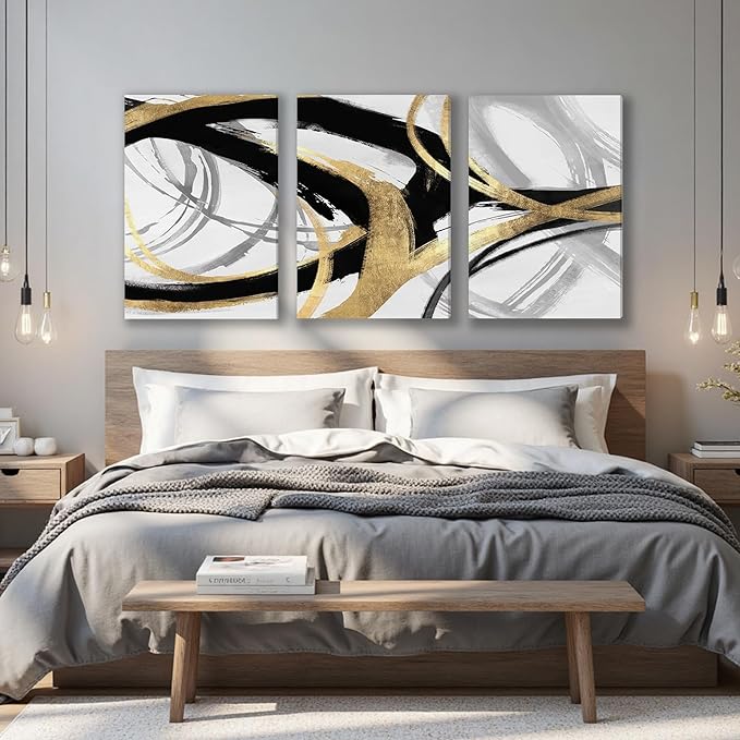 DUWQU 3 Piece Large Black and Gold Abstract Canvas Wall Art, Modern Black Gold and White Wall Decor, Spiral Brushstrokes Line Art Prints for Living Room Bedroom Office Home Decorations 20×30x3 In