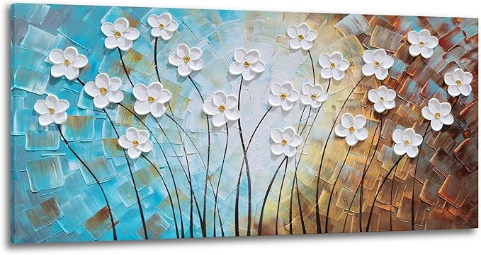 YHSKY ARTS Artisan Crafted Three Dimensional White Floral Relief Wall Decor, Abstract Botanical Canvas Artwork forLiving Room Bedroom Decor