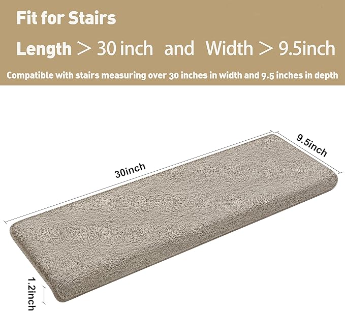 PURE ERA Carpet Stair Treads Ultra Plush 9.5" X 30"Soft Bullnose Indoor Stair Protectors Pet-Friendly Non-Slip Skid Resistant Tape Free Washable Reusable(2 Pieces, Cream Gray)