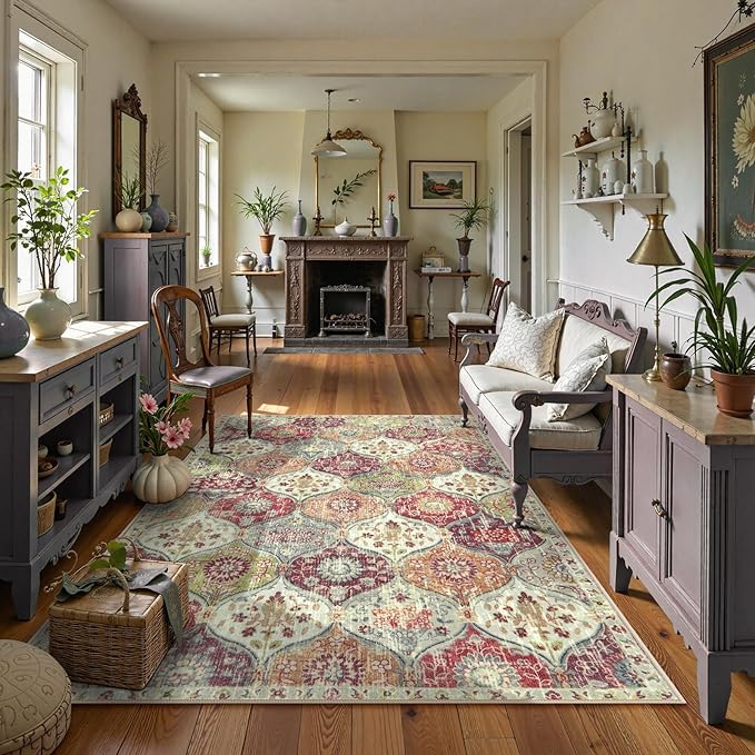 Lahome Moroccan Machine Washable Rugs for Living Room, 4x6 Rug for Bedroom Non-Slip Vintage Trellis Ultra-Thin Throw Carpet for Dining Room Office Nursery, Orange/Terracotta