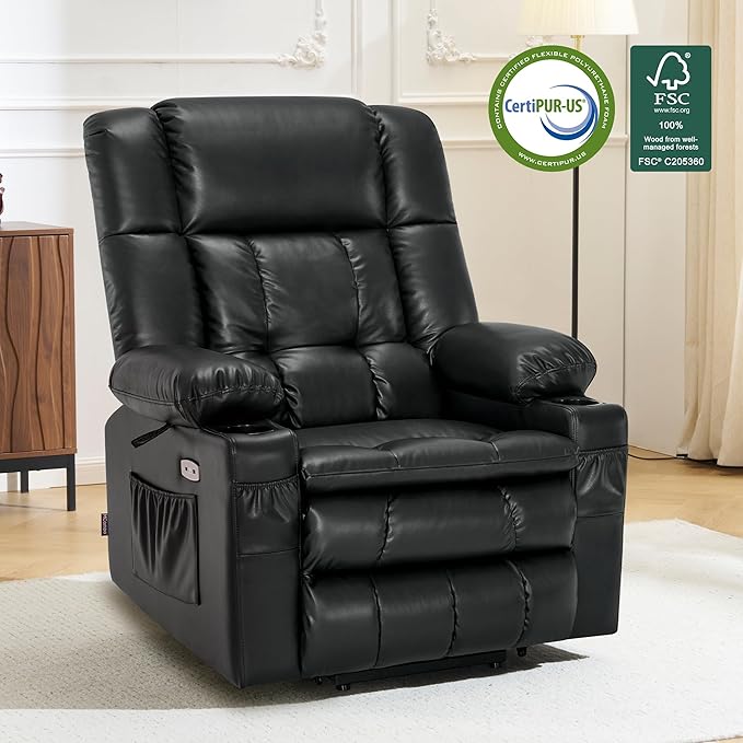 MCombo Dual Motor Large Power Lift Recliner Chair for Elderly, Lay Flat Lift Chair with Heat and Massage, Big Lift Recliner for Tall People, Faux Leather 7896 (Black, Large)