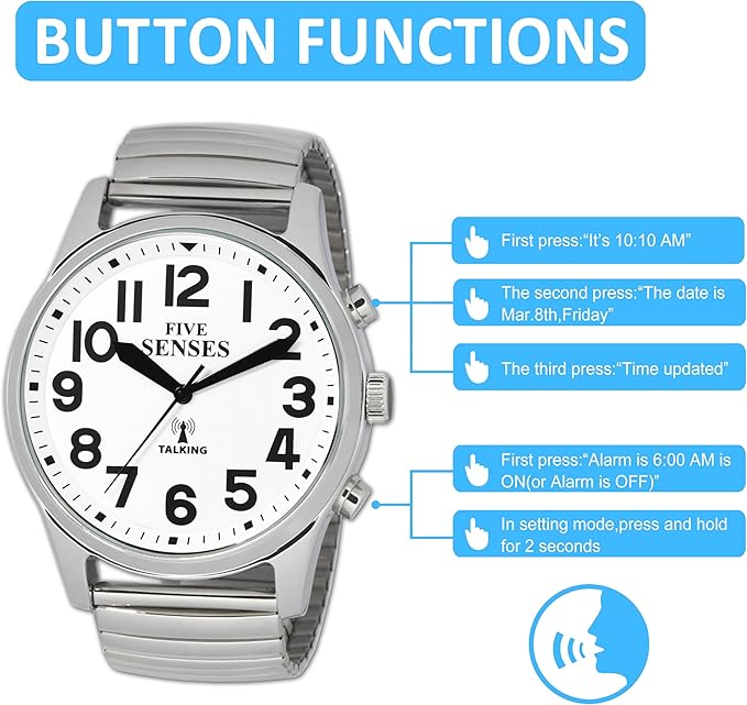 FIVE SENSES English Atomic Jumbo Size (43mm /1.75in) Metal Talking Watch with Loud Alarm Clock for Visually impaired, Elderly Person 1523 (White)