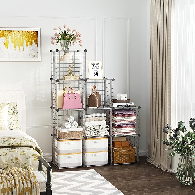 C&AHOME Wire Cube Storage, 9 - Cube Organizer Metal C Grids, Modular Shelves Units, Closet Organizer, Ideal for Home, Office, Living Room, 36.6”L x 12.4”W x 48.4”H, Silver Gray UWCS3009G