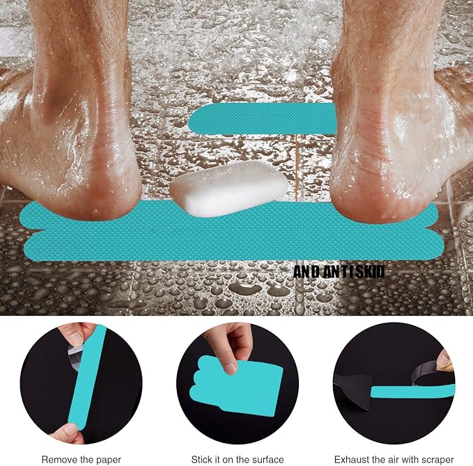 Non-Slip Bathtub Stickers Safety Bathroom Tubs Showers Treads Adhesive Decals Scraper (Blue)