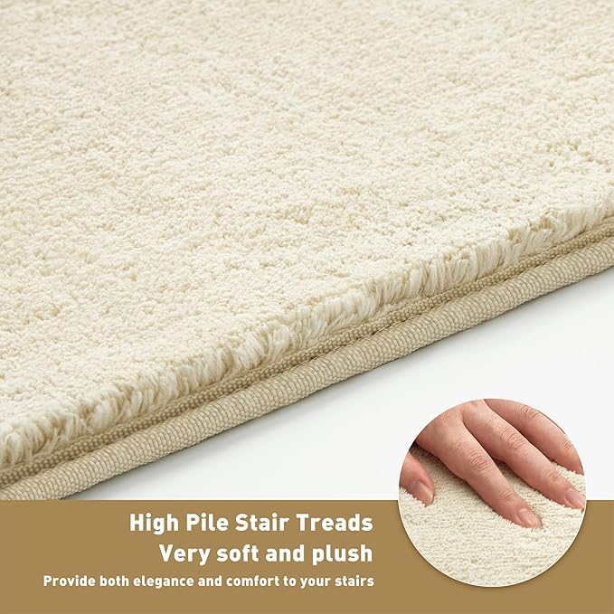 PURE ERA Carpet Stair Treads Ultra Plush 8 x 30 inch Soft Indoor Stair Protectors Pet-Friendly Non-Slip Skid Resistant Tape Free Washable Reusable(7 Pieces,Beige)