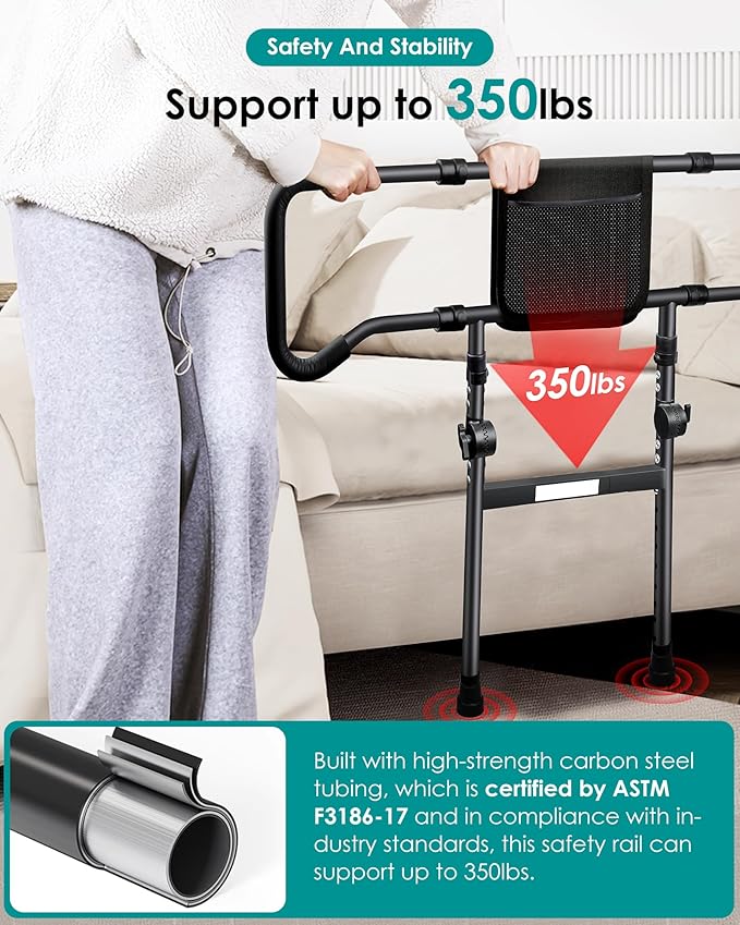 AMOVO Bed Rails for Elderly Adults Safety - Foldable Bed Assist Rails for Seniors Bed Side Grab Bar with Sensor Light, Adjustable Bedside Railing Safety Guard Rail Cane (ASTM F3186–17 Certified)