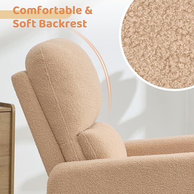 Power Swivel Rocker Recliner, Oversized Boucle Electric Recliner Chair, Swivel Glider Nursery Reclienr with Removable Cushion, Upholstered Recling Chair for Living Room Bedroom, Teddy Camel
