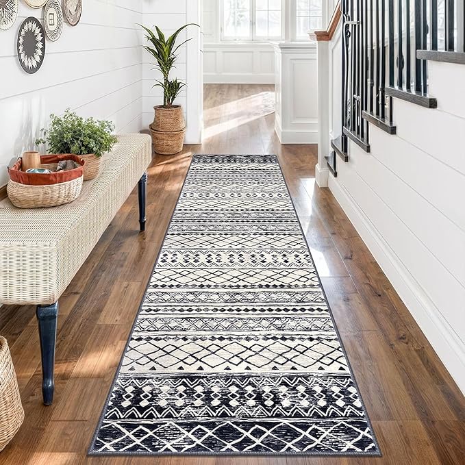 KUTA Moroccan Washable Kitchen Rug, 2x7 Non-Slip Vintage Black Navy Blue Boho Hallway Runner Rugs Ultra Soft Distressed Geometric Floor Carpet Runners for Bedroom Laundry Living Room