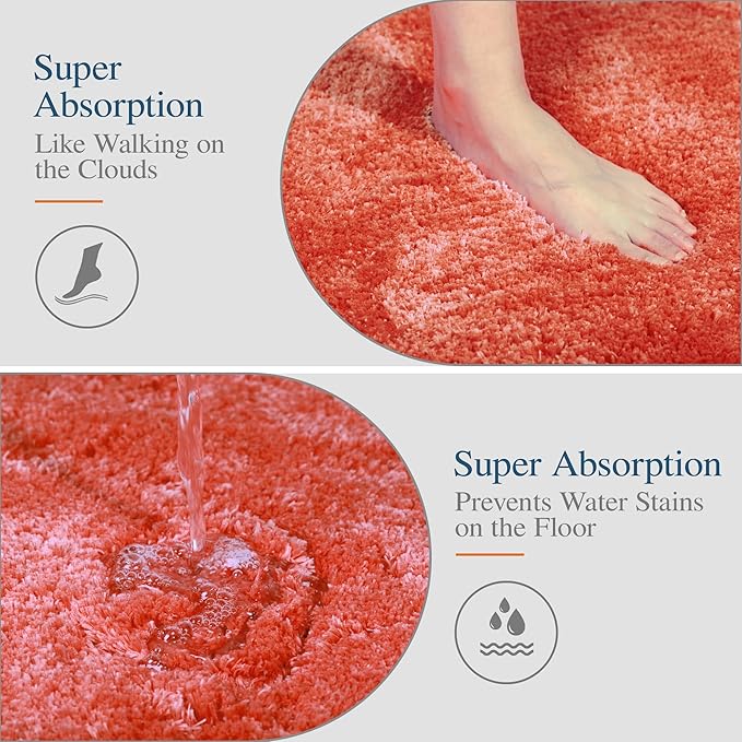 Walensee Bathroom Contour Rug (20x24, Living Coral) Non Slip Bath Mats Water Absorbent Soft Microfiber Shaggy Bathroom Mat Machine Washable Bath Rug U Shape Toilet Rug