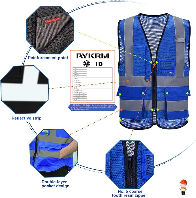 A-SAFETY High Visibility Mesh Safety Reflective Vest with Pockets and Zipper,Hi Viz Work Vest for Men Women (Blue Mesh M)
