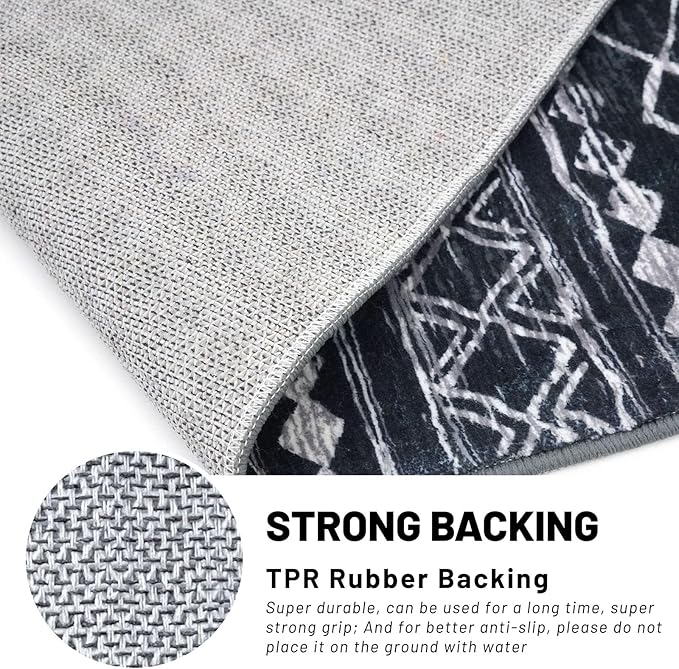 KUTA Moroccan Washable Kitchen Rug, 2x7 Non-Slip Vintage Black Boho Hallway Runner Rugs Ultra Soft Distressed Geometric Floor Carpet Runners for Bedroom Laundry Living Room