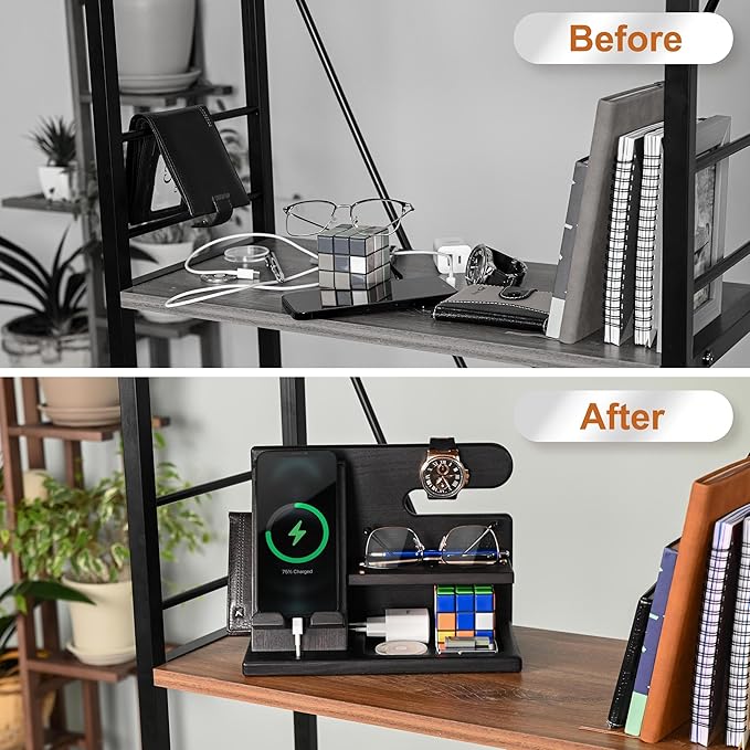 TESLYAR Wood Phone Docking Station for Men - Desktop or Nightstand Organizer - Birthday Gifts for Men, Dad - Anniversary Idea from Wife - Key Holder, Stand Wallet, Watch & Essentials (Black)