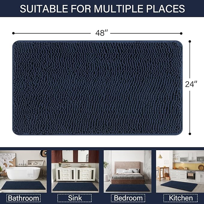 LOCHAS Luxury Bathroom Rug Shaggy Bath Mat 24 x 48 Inch, Washable Non Slip Bath Rugs for Bathroom Shower, Soft Plush Chenille Absorbent Carpets Mats, Navy