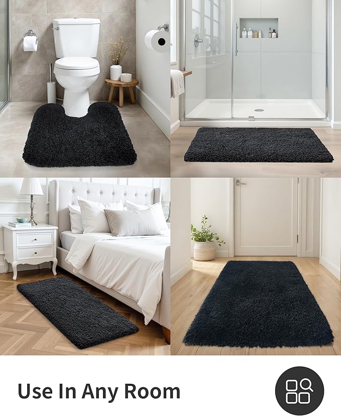 ILANGO Black Bathroom Rugs 48" × 24" Non Slip & Super Absorbent Extra Thick Soft, Washable Bath Mat for Floor, Microfiber Plush Shaggy Bath Rug with Rubber for Bathtub Shower Room Sink