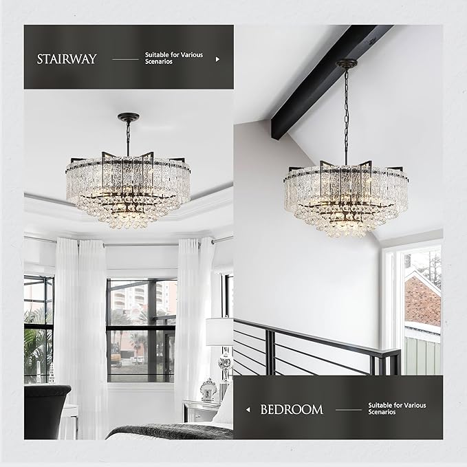 29.2" 16-Light Modern Glass Chandelier Light Fixtures Large Black 4-Tier Crystal Beads Chandeliers for Dining Room Round Hanging Ceiling Pendant Lighting for Bedroom Entryway Foyer Stairway