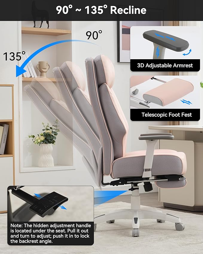DJ·Wang Big and Tall Office Chair 400lbs with Foot Rest, High Back Executive Office Chair with Extra-Thick Spring Cushion, Ergonomic Leather Chairs Pink