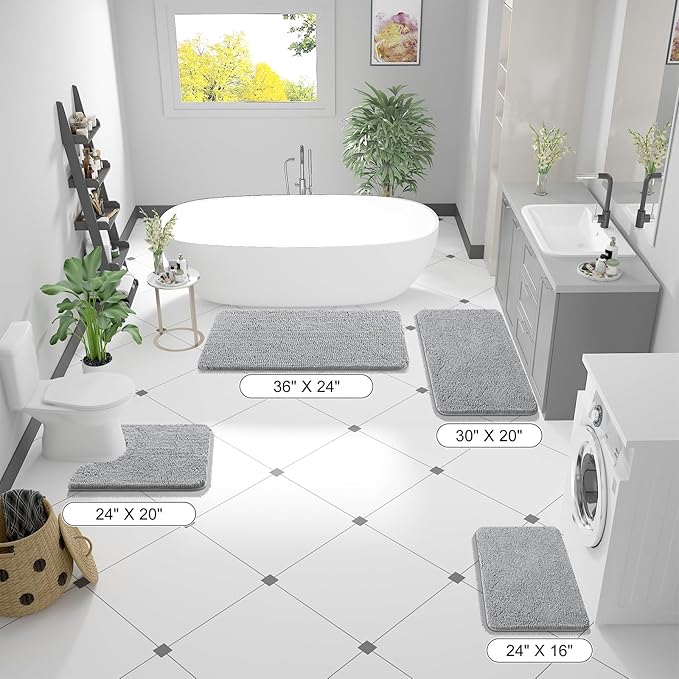 OLANLY Bathroom Rugs 70x46, Extra Soft Absorbent Chenille Bath Rugs, Rubber Backing Quick Dry, Machine Washable Bath Mats for Bathroom Floor, Tub and Shower, Home Decor Accessories, Light Grey