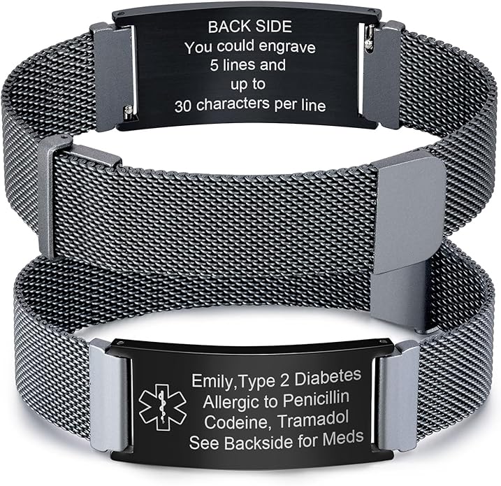 VNOX Medical Alert Id Bracelet for Men Women, Custom Engraving Adjustable Stainless Steel Customizable Mesh Emergency Survival Medic Bracelets Wristband Loop Band with Replacement Tag