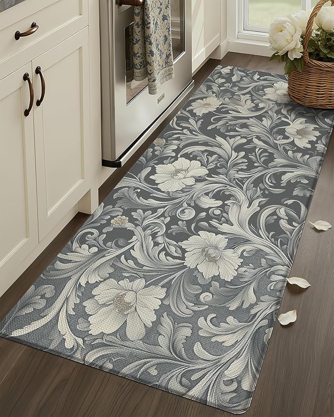 Color&Geometry Floral Kitchen Mat 24"x59", Anti Fatigue Mats for Kitchen Floor, Kitchen Rugs Non Slip, Waterproof & Oil Proof Kitchen Runner for Standing Desk Office, Sink - Grey