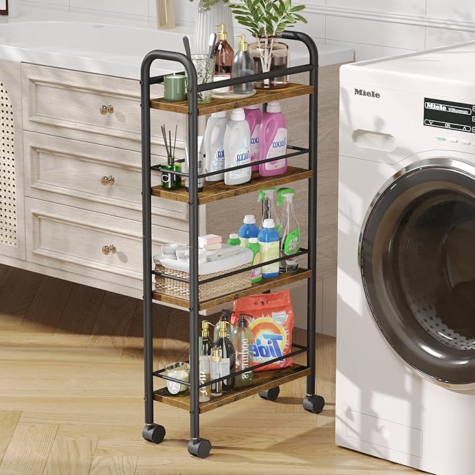 Slim Storage Cart, 4-Tier Narrow Rolling Cart with Handle, 5.9 Inches Deep, Slim Bathroom Shelf for Small Spaces, Kitchen, Dining Room, Living Room, Bathroom, Laundry Room, Rustic Brown