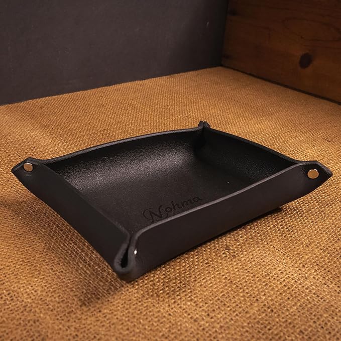 Valet Tray – Full-Grain Leather Catchall Organizer for Keys, Phone & Wallet – Rustic Nightstand & Desk Tray with Raised Sides – Handmade in USA (Black, Small Rectangle)