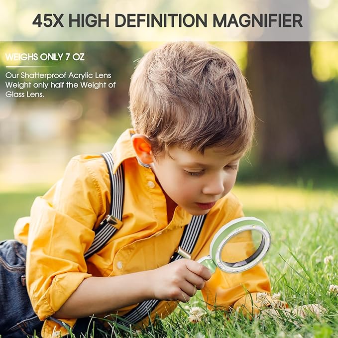 45X Magnifying Glass with Light, 6 Color Modes, 1200mAh Rechargeable, 4.6In Large Handheld Magnifier for Low Vision Seniors, Reading, Hobbies - Green