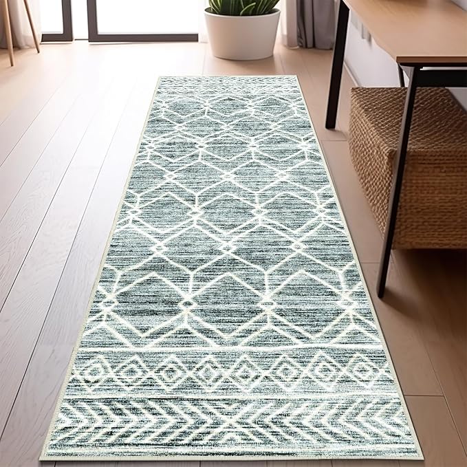 jinchan Moroccan Runner Rug 2x6 - Kitchen Machine Washable Runner Rug Modern Geometric Low-Pile Lightweight Non-Slip Carpet for Entryway Hallway Laundry Room Bedroom Bedside (2x6ft, Teal Blue)